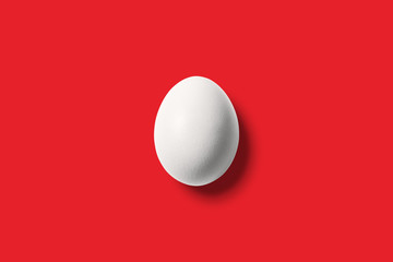 Fototapeta na wymiar White egg on bright red background. Minimal concept.