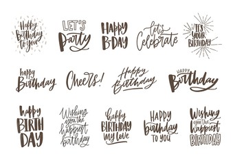 Collection of monochrome birthday wishes or hand drawn lettering decorated with festive elements - party hat, glass of champagne, balloon, confetti. Vector illustration for greeting card, invitation.