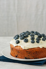 Sour cream and blueberry cake served on a plate on a white stone background