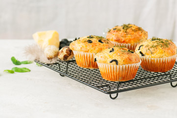 Savory muffins with olives and herbs on a wire rack on a white stone backdrop. Rustic style.