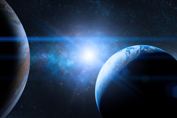 Earth in the outer space with beautiful planet. Blue sunrise. Elements of this image furnished by NASA.