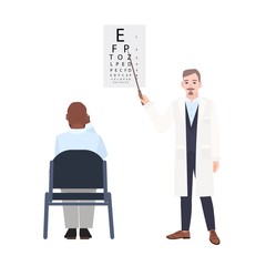 Ophthalmologist with pointer standing beside eye chart and checking eyesight of man sitting in front of it