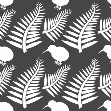 Kiwi bird and ferns seamless pattern