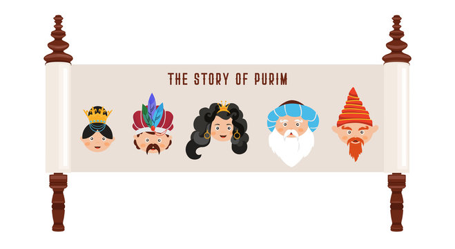the story of Purim with traditional characters. Jewish acient scroll. banner template illustration