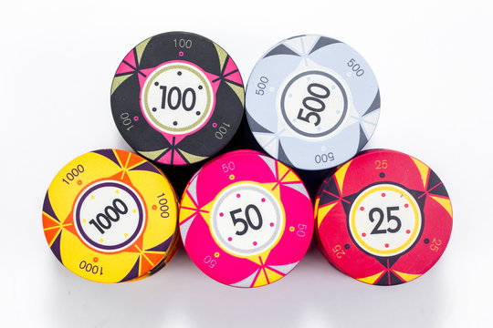 casino colorful poker chips on a white background