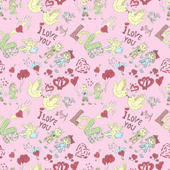 illustration of seamless pattern festive symbols design elements Valentines day pink background