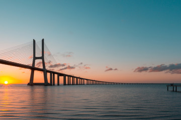 Vasco da Gama Bridge at sunrise, Lisbon, Portugal