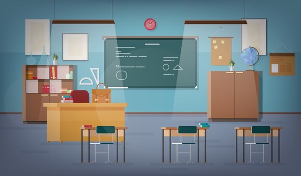 Empty school classroom with green chalkboard, pendant lights, various educational materials, desks, chairs and other furnishings for teacher and students. Colored vector illustration in flat style.