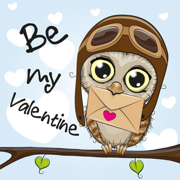 Valentine card with cute cartoon Owl