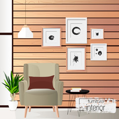 Furniture. Interior. Living room with sofa, table, lamp, pictures, window. Vector.