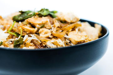 Rice and chicken on the  plate