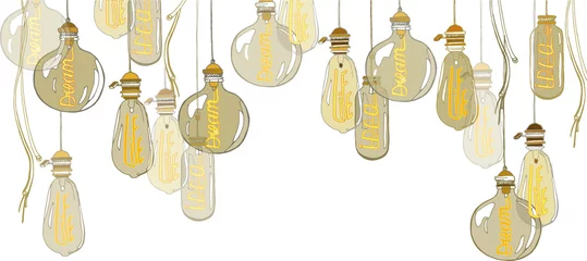 Foto op Plexiglas A set of lamps of Edison. Glowing words in electrodes: life, dream, idea     © soul_romance