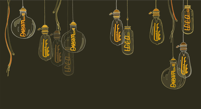 A set of lamps of Edison. Glowing words in electrodes: life, dream, idea

