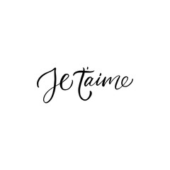 Je t'aime - I love you in french- modern brush calligraphy. Isolated on white background.