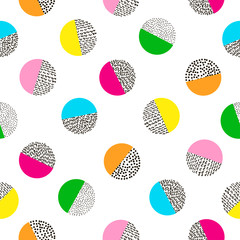 Colorful seamless pattern from circles. Bright background. 80's - 90's years design style.