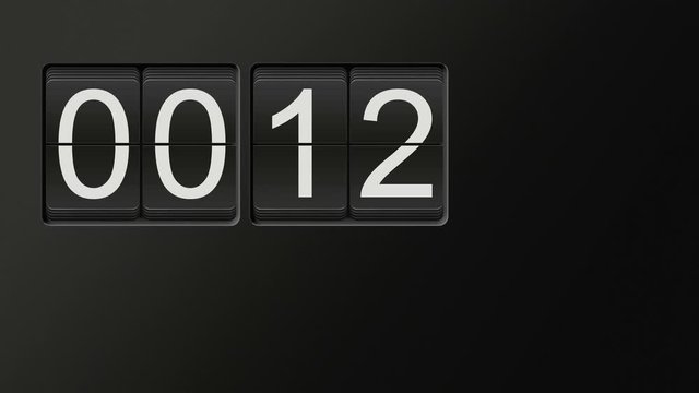 Classic flip clock watch face counting hours and minutes from 00:00 to 23:59 with white numbers on black background; time lapse animation with natural clicking sound; loop possible; copy space 