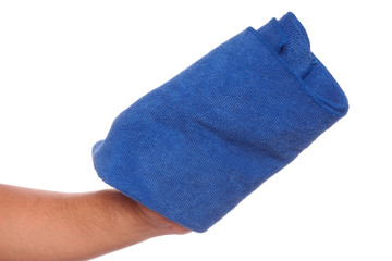 hand holding blue microfiber cloth