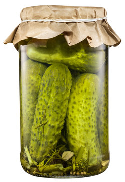 Pickled cucumbers in the glass can.