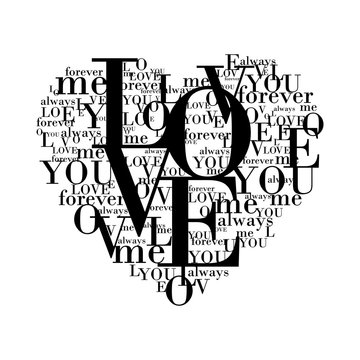 Heart Shape From Letters - Typography Composition. Heart Of Letters And Words About Love: Forever, You, Me, Always. Love Typography Text On White Background For Valentines Day.