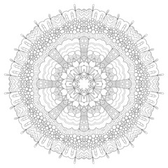 Hand drawn zentangle circular ornament for coloring page.
