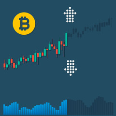 Bitcoin logotype cryptocurrency with growth market color chart and volumes columns.