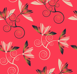 vintage textile pattern with honeysuckle flowers in red