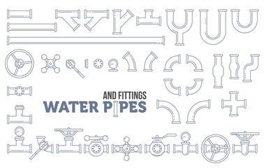Elements of a plumbing. Pipes, cranes. Linear design Vector illustration - obrazy, fototapety, plakaty
