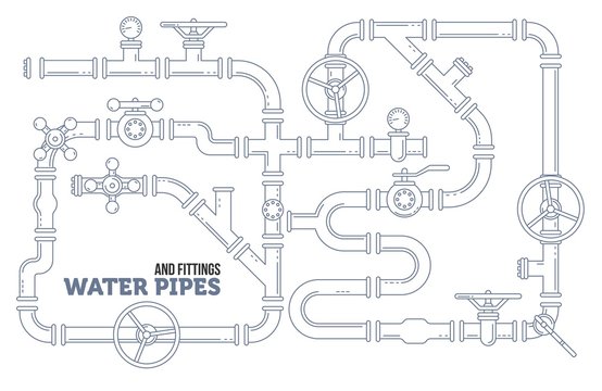 Elements of a plumbing. Pipes, cranes. Linear design Vector illustration