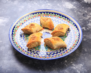 east dessert in blue plate