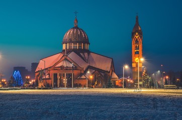 Beautiful church in the night scenery. Church of Blessed Carolina in Tychy, Poland. - obrazy, fototapety, plakaty
