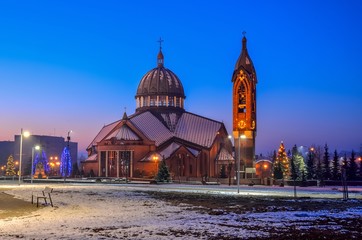 Beautiful church in the night scenery. Church of Blessed Carolina in Tychy, Poland.