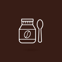 Bottle coffee bean icon. Coffee maker vector illustration with brown background. Bottle and spoon with coffee bean symbol. Coffee outline icon. Bottle of coffee beans product