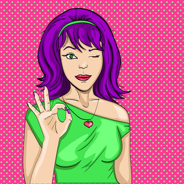 A retro girl shows a figure with her fingers. Symbol OK, good, excellent. Vector illustration