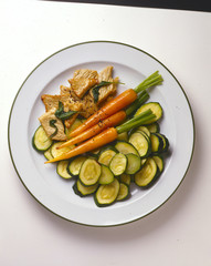 Kalbfleisch,Möhren und Zucchini aus der Pfanne