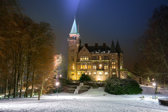 Teleborg Castle at snowy night in Vaxjo, Sweden