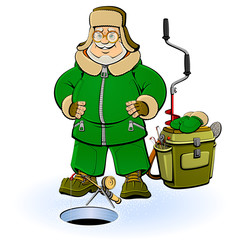Old fisherman on a winter ice fishing. Fishing rod, tackle box, ice drill and mittens are made by separate isolated objects.