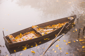 autumn, boat, boat on the water, leaves, leaves on the water