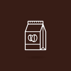 Coffee paper bag icon. Paper bag with coffee bean in line design style with brown background. Coffee bag icon illustration. Coffee packet, Foil paper bag package of coffee. Paper bag isolated