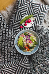 Healthy Quinoa Bulgur bowl with vegetables and chicken