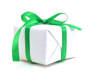 White gift box with green  ribbon bow, isolated on white