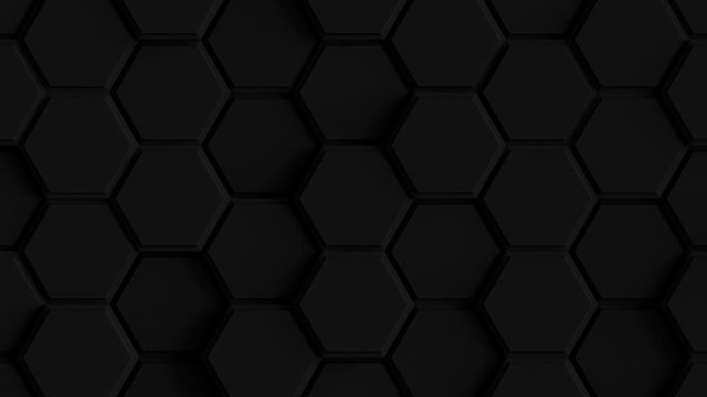 Abstract Hexagon Geometric Surface Loop 2B: dark clean rounded beveled hexagonal grid pattern, motion background canvas darkened obscure dim cool shadowy dark gray black. Seamless loop 4K UHD FullHD.