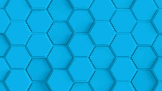 Abstract Hexagon Geometric Surface Loop 2C: blue clean rounded beveled hexagonal grid pattern, random motion background canvas in bright cool fresh ultramarine sky blue. Seamless loop 4K UHD FullHD.