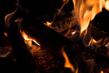 Close up shot of a fire and firewood burning in the fireplace.