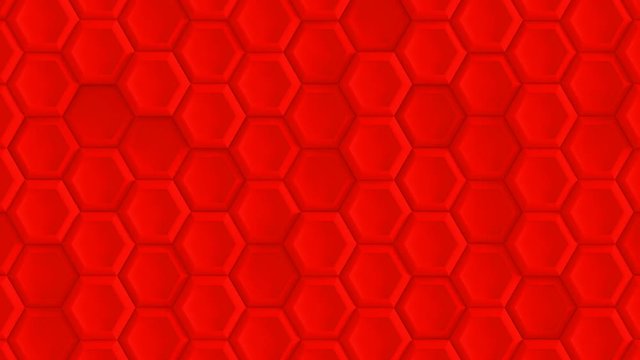 Abstract Hexagon Geometric Surface Loop 3F: red clean minimal beveled hexagonal grid pattern, random motion background canvas in warm blood dark orange chili ruby red. Seamless loop 4K UHD FullHD.