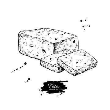 Greek feta cheese block, slice drawing. Vector hand drawn food s