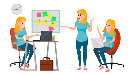 Business Woman Character Vector. Working Female, Girl. Team Room. Desk. Brainstorming. Environment Process. Start Up Office. Effective Programmer Designer. Lifestyle Situations. Character Illustration