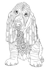 Basset. Hand drawn dog. Sketch for anti-stress adult coloring book in zen-tangle style. Vector illustration for coloring page. 