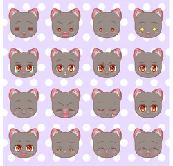 Emoticons, emoji, smiley set, colorful Sweet Kitty Little cute kawaii anime cartoon cat kitten girl different emotions mascot sticker Happy, sad, angry, smile, kiss, love Children character  vector. 