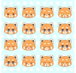 Emoticons, emoji, smiley set, colorful Sweet Kitty Little cute kawaii anime cartoon red panda girl different emotions mascot sticker Happy, sad, angry, smile, kiss, love Children character vector. 