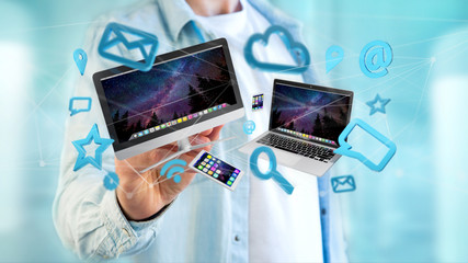 Devices like smartphone, tablet or computer flying over connection network and app- 3d render